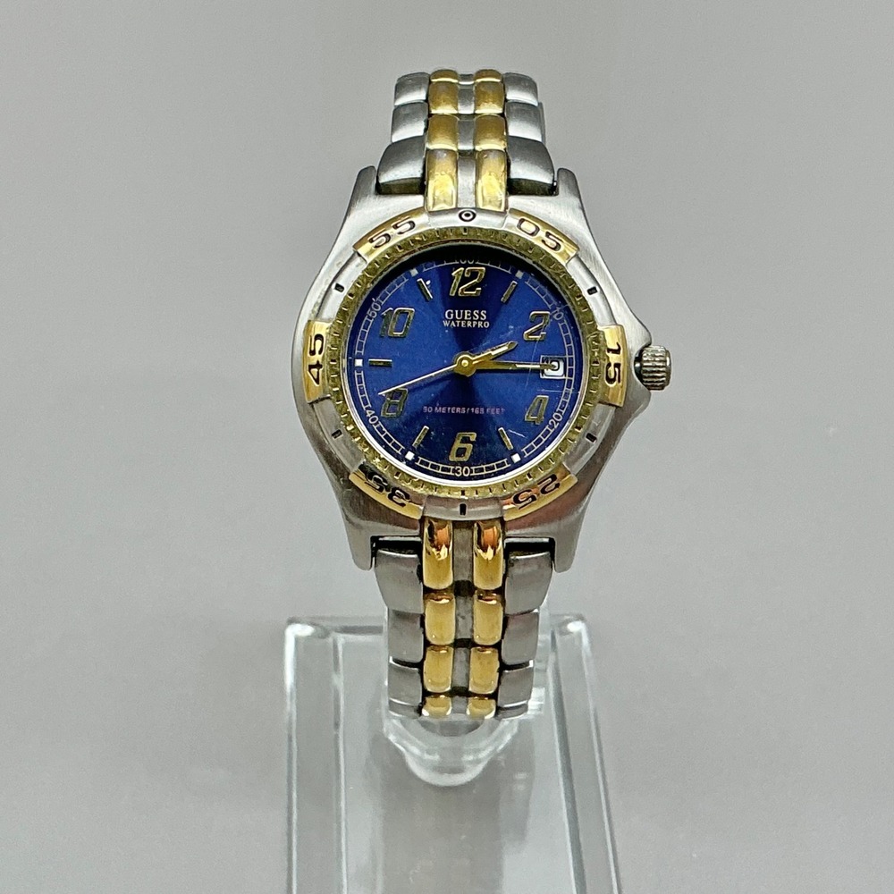 GUESS Watch Waterpro Blue Dial Two Tone Gold Silver 35mm 6.5" NEW BATTERY